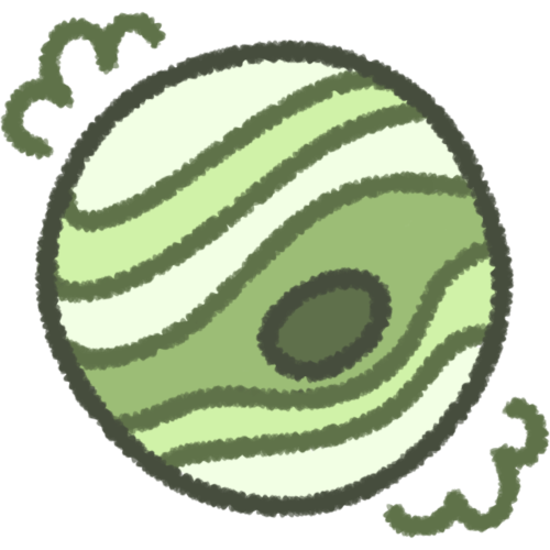 a light green planet with two green puffs of gas on either side. on the planet itself are different green stripes, centered around a dark green 'eye'
